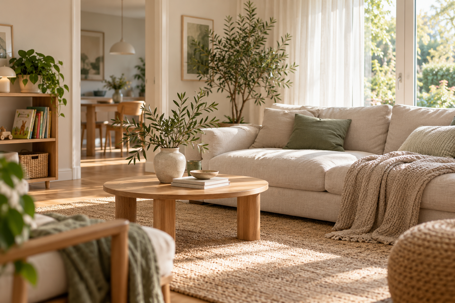 Ein heller, aufgeräumter Wohnraum mit natürlichen Materialien und grünen Pflanzen